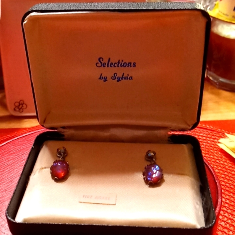 Vintage 60's,Beautiful,Fire Agate, Earrings with sterling silver plated posts 🔥